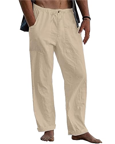 AUDATE Herren Sommer Herbst Lose Lässige Leinenhose Elastischer Bund Reißverschluss Hosen mit Taschen Khaki 3XL von AUDATE