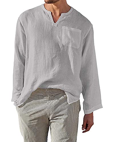 AUDATE Herren Sommer Strand Hemden Henley Shirt Leinenhemd Langarm Freizeithemd Hellgrau 3XL von AUDATE