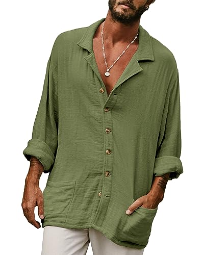 AUDATE Herren Sommerhemd Langarm Strand Hemden Leinen Freizeithemd Casual Summer Beach Cotton Linen Shirt Armeegrün 3XL von AUDATE