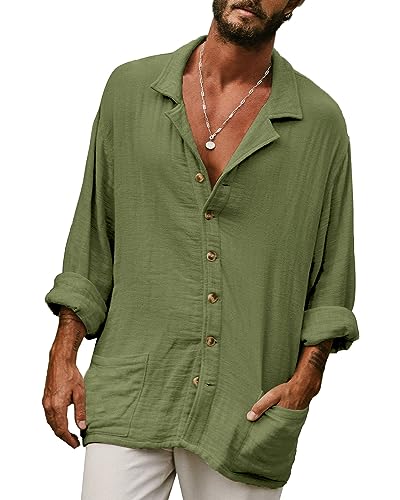 AUDATE Herren Sommerhemd Langarm Strand Hemden Leinen Freizeithemd Casual Summer Beach Cotton Linen Shirt Armeegrün XL von AUDATE
