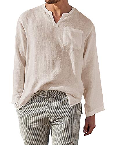 AUDATE Herren Strand Shirt Leinen Baumwolle Hemden Lang Ärmel Loose Fit Freizeithemd Khaki 3XL von AUDATE