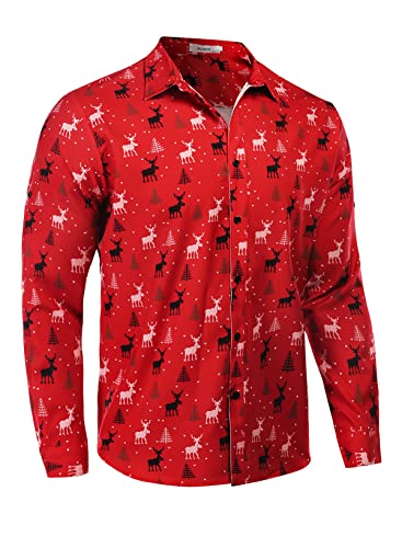AUDATE Herren Weihnachtsferienhemd Cartoon Santa Print Hemd Button Down Langarmhemd Businesshemd Red M von AUDATE