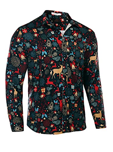 AUDATE Herren Weihnachtshemd Fun Print Weihnachts Freizeithemd Langarm Spreizkragen Xmas Shirt Dunkelgrün 3XL von AUDATE