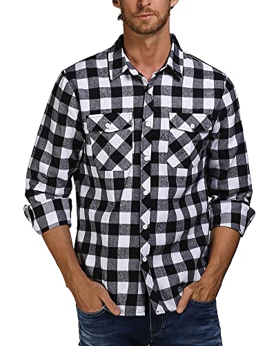 AUDATE Herrenhemd Langarm Button Down Hemd Kariertes Shirt Baumwolle Freizeithemd Casual Shirt Weiß L von AUDATE