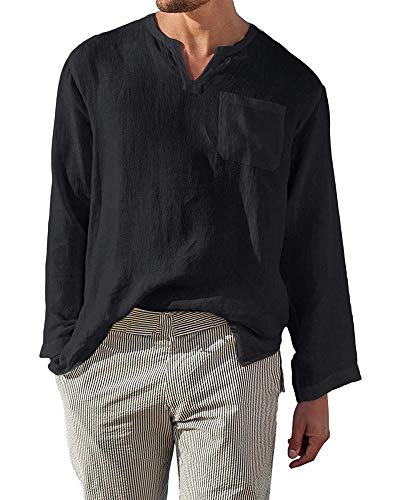 AUDATE Herrenhemd Langarm Leinenhemd Baumwollmischung Loose Fit Beach Shirt für Männer Schwarz 3XL von AUDATE