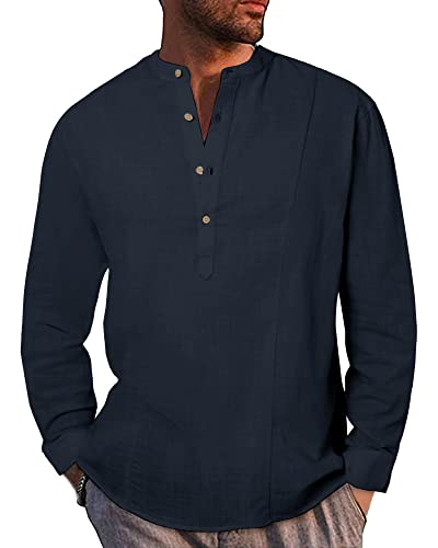 AUDATE Langarm Hemd Herren Sommerhemd Henley Freizeithemd Leinenhemd Men's Casual Shirts Marine XL von AUDATE