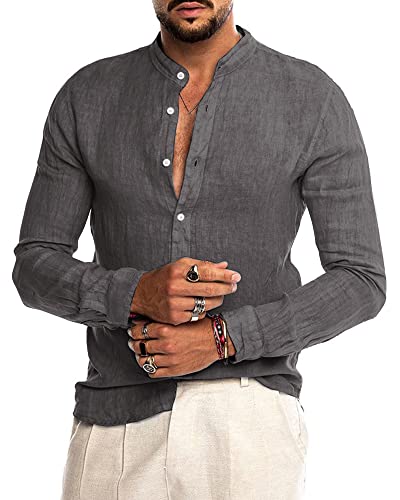 AUDATE Langarm Leinenhemd Herren Freizeithemd Sommer Strand Hemden Casual Heleny Shirt Dunkelgrau L von AUDATE