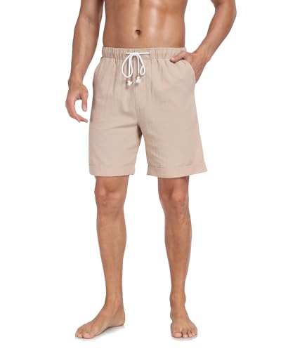 AUDATE Leinen Shorts Herren Kurze Hose mit Tasche Männer Casual Sommer Hosen Strand Baumwolle Freizeithose Khaki 3XL von AUDATE