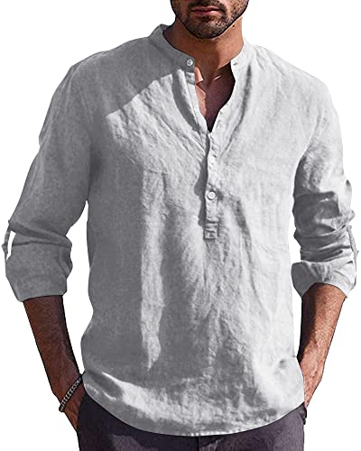 AUDATE Leinenhemd Herren Baumwolle Herren Hemden Langarm Sommer Henley Shirts Freizeithemd Hellgrau 3XL von AUDATE