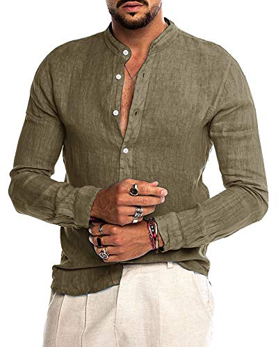 AUDATE Leinenhemd Herren Button-down Sommerhemd Langarm Herren Hemd Shirt Freizeithemd Armeegrün 2XL von AUDATE