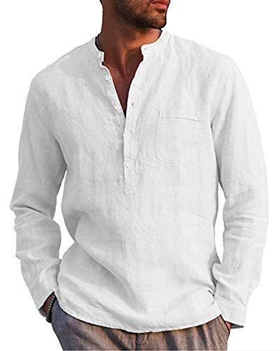 AUDATE Leinenhemd Herren Henley Shirt Herren Freizeithemden Langarm Hemd Baumwollehemd Shirt Weiß L von AUDATE