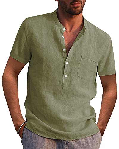 AUDATE Leinenhemd Herren Henley Shirt Kurzarm Sommer Strand Freizeithemden Hemd Armeegrün XXL von AUDATE