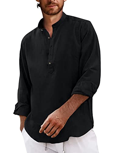 AUDATE Leinenhemd Herren Sommer Strand Hemd Langarm Freizeithemd Casual Henley Shirts Schwarz L von AUDATE