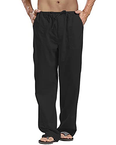 AUDATE Leinenhosen Herren Freizeithose Lässige Sommerhose Lang Hosen Breite Hosen Schwarz M von AUDATE