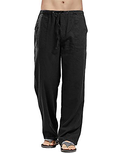 AUDATE Leinenhosen Herren Freizeithose Lang Lässige Sommerhose Hosen Summer Beach Pants Schwarz XL von AUDATE