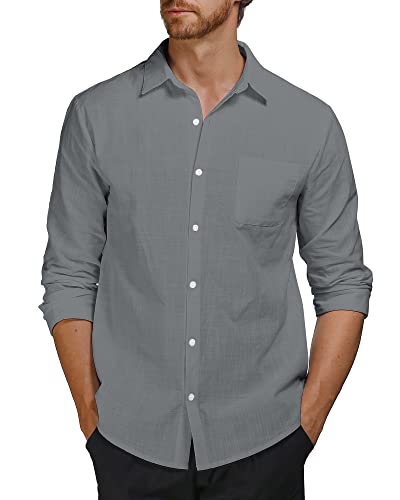 AUDATE Men's Casual Shirts Herren Baumwollhemd Langarm Freizeithemd Sommer Hemd Solid Tops Dunkelgrau 3XL von AUDATE