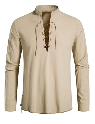 AUDATE Mittelalter Hemd Herren Langarm Leinen Hemd Sommer Hemd Schnürhemd Piratenhemd Cosplay Kostüm Khaki 3XL von AUDATE