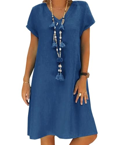 AUDATE V-Ausschnitt Kurzarm Hemdkleid Sommer Casual Einfarbig Kurzes Kleid Knielangkleid Freizeitkleider Mode Dress Blau 3XL von AUDATE