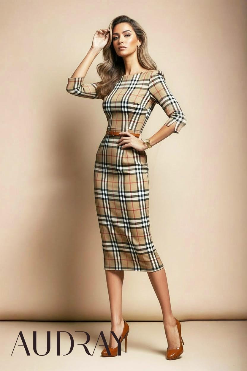 Ginger - Beige Tartan Fitted Midi Sheath Dress- Inspired By 1940S Hollywood Handmade in Germany Business Dress For Office & Events von AUDRAYdresses