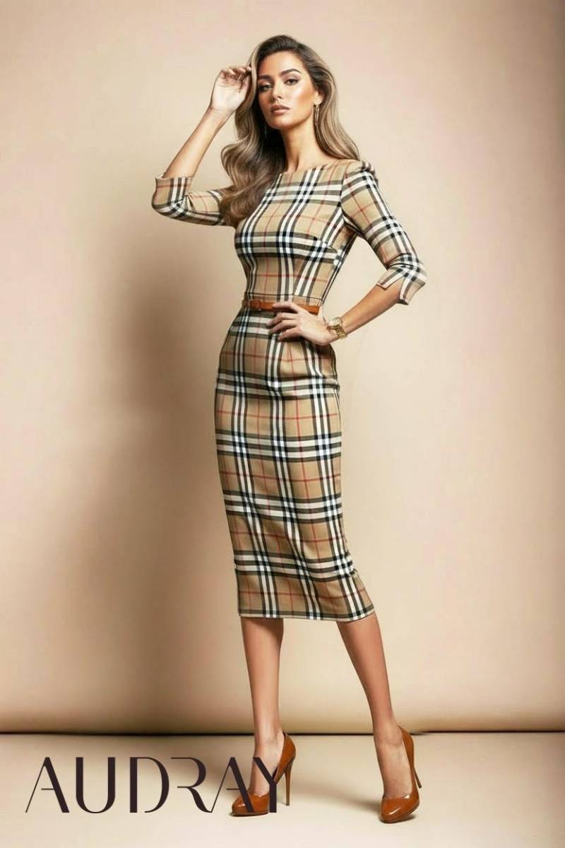 Ginger - Beige Tartan Fitted Midi Sheath Dress- Inspired By 1940S Hollywood Handmade in Germany Business Dress For Office & Events von AUDRAYdresses