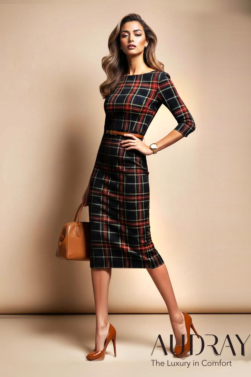 Ginger - Black Tartan Fitted Midi Sheath Dress- Inspired By 1940S Hollywood Handmade in Germany Business Dress For Office & Events von AUDRAYdresses
