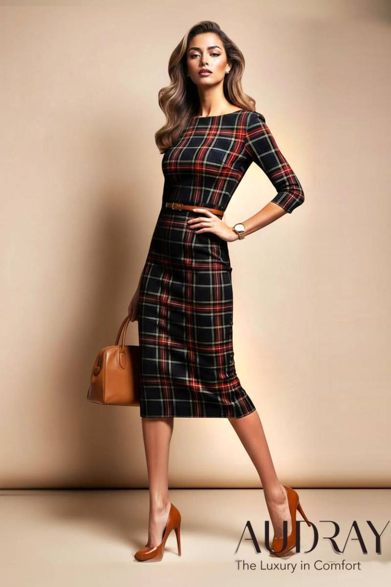 Ginger - Black Tartan Fitted Midi Sheath Dress- Inspired By 1940S Hollywood Handmade in Germany Business Dress For Office & Events von AUDRAYdresses
