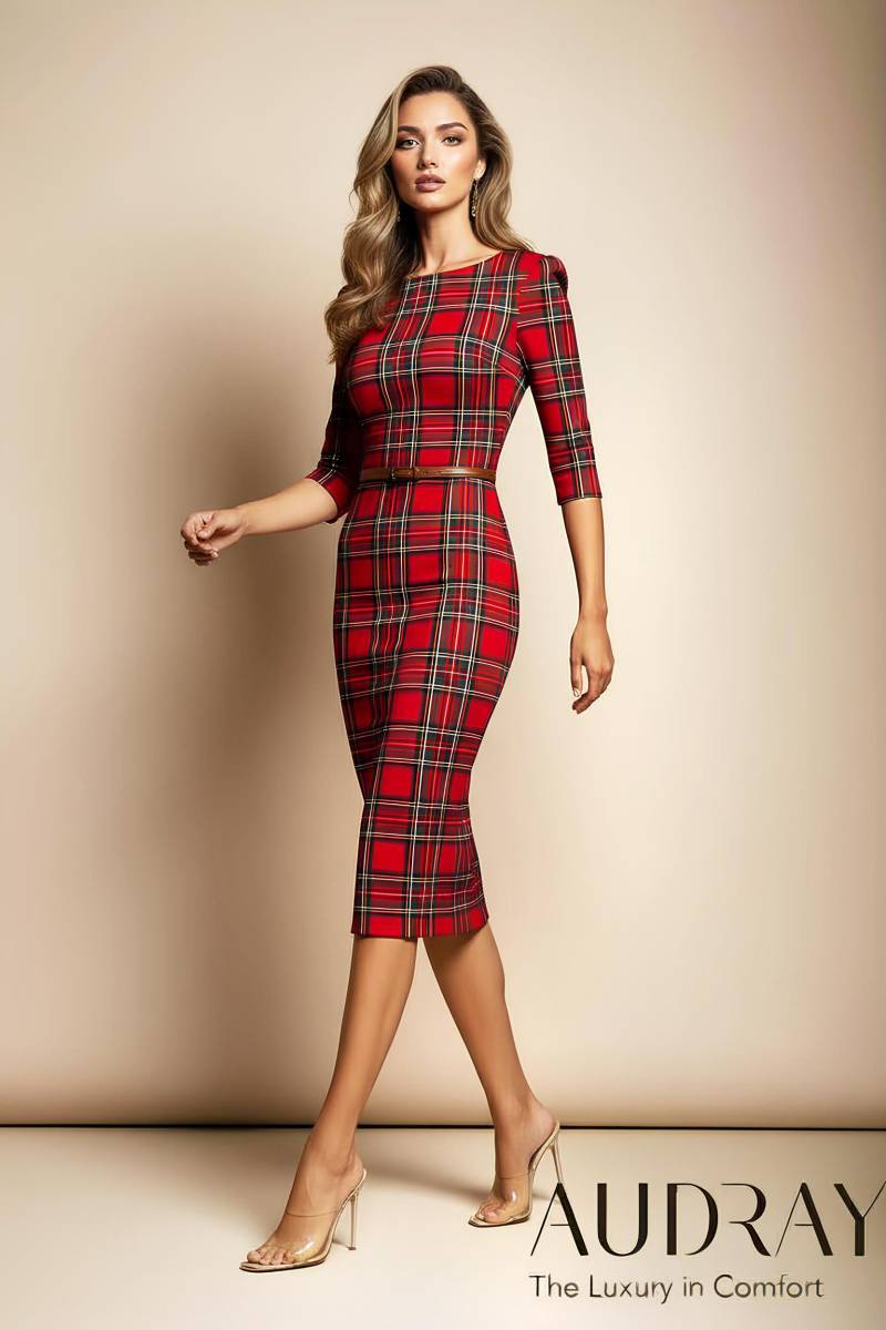 Ginger - Red Tartan Fitted Midi Sheath Dress- Inspired By 1940S Hollywood Handmade in Germany Business Dress For Office & Events von AUDRAYdresses