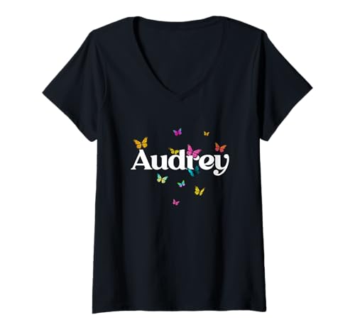 Damen Audrey - Schöner Mädchen Name mit bunten Schmetterlingen T-Shirt mit V-Ausschnitt von AUDREY Tochter Enkel Geburtstag Geschenkideen