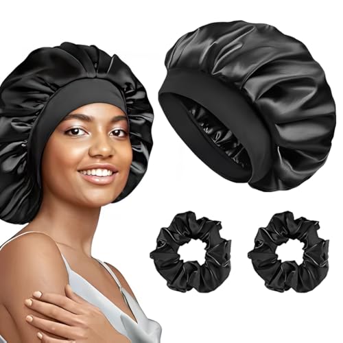 1 Stück Schlafmütze + 2 Stück Satin Hair Scrunchies Satin Bonnet Nacht Schlaf Doppelte für Lockiges Haar, Atmungsaktive, Verstellbare Schlafhaube mit Gummiband für Damen und Mädchen von AUEFUDQ
