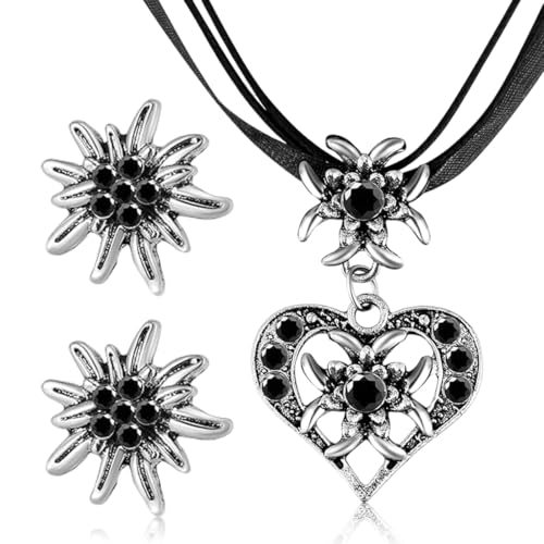 AUEFUDQ 3 Stück Trachtenschmuck Set Bayerisch Dirndlschmuck Trachtenkette mit Strass Edelweiß Herz Anhänger und Edelweiß Ohrstecker für Damen Bierfest Trachten Dirndl Outfit Accessoires von AUEFUDQ