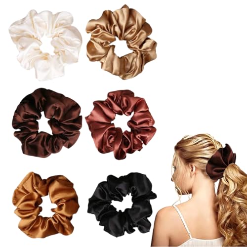 AUEFUDQ 6 Stück Haargummis Seide Scrunchies Satin für Damen, Haargummi Weich Elastisch Silk Skrunschis Groß für Damen Frauen Mädchen 6 Farben von AUEFUDQ