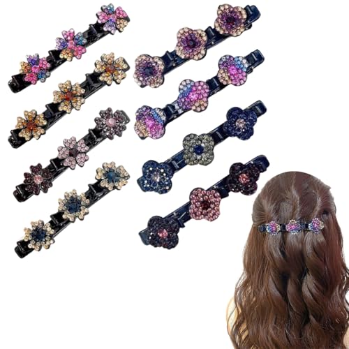 AUEFUDQ 8 Stück Glitzernde Kristall-Stein Geflochtene Haarspangen,Haarspange mit Kristallblume,Elegante Haarstyling Clips Glänzende Strass-Haarspange mit 3 Mini Clips,Funkelnde Haarspange für Damen von AUEFUDQ