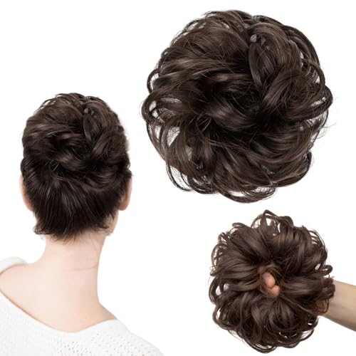Haarteil Mit Gummiband, Groß Dutt Haarteil Dunkelbraun Gelockt Haargummi Mit Haaren Hochsteckfrisuren Haarverlängerung Messy Bun Haarteile für Damen Mädchen Pferdeschwanz (Dunkelbraun) von AUEFUDQ