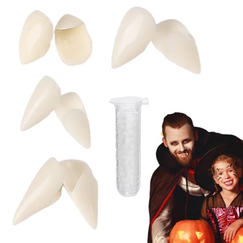 Halloween Dämon Zähne,4 Paar Vampirzähne und 1 Beißring,für Ostern Halloween Cosplay Maskerade Vampir zähne Kostümpartys-Scherzartikel Party-Requisiten-Prank Artikel Falsche Zähne Prop von AUEFUDQ