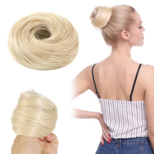 Scrunchies für Glattes Haar für Frauen,Elastisches Haarteil mit Gummiband,Dutt Haarteil Haargummi Mit Haaren,Donut Zubehör Scrunchies,Synthetisches gefälschtes Haar Brötchen (Bleichblond) von AUEFUDQ