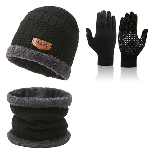AUEJACKY Kinder Winter Schal Handschuhe Mütze, 3 Stück Mütze Schal Handschuhe Sets, Schwarz Warm Winter Set für Kinder, Gestrickte Mütze Handschuhe Schal Sets von AUEJACKY