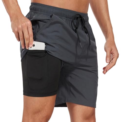 AUFIKR Badeshorts für Herren Herren Doppelschicht Beach Shorts mit Kompressionsfutter 2 in 1 Board Shorts mit Taschen Surfen Sport Surfbrett Shorts von AUFIKR