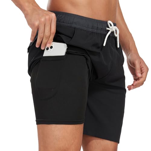 AUFIKR Badeshorts für Herren Herren Doppelschicht Beach Shorts mit Kompressionsfutter 2 in 1 Board Shorts mit Taschen Surfen Sport Surfbrett Shorts von AUFIKR