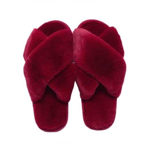 AUFIKR Flauschige Damen Haus Hausschuhe Cross Band Offene Zehe, Weiches Plüsch Fleece Rutschfeste Hausschuhe von AUFIKR