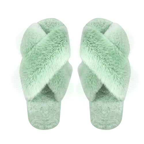 AUFIKR Flauschige Damen Haus Hausschuhe Cross Band Offene Zehe, Weiches Plüsch Fleece Rutschfeste Hausschuhe von AUFIKR