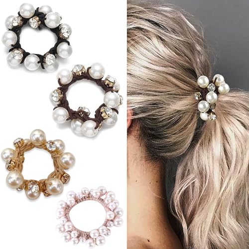 4 Stück Haargummis Damen, Perlen Haarschmuck Haarseile Haargummis Starke Elastische Dehnbar Perlenarmband Haarbänder Kristall Pferdeschwanzhalter Halter Haarspangen Haargummis von AUGTYRLV