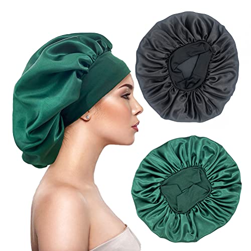 2 x große Satin-Seiden-Haarhaube zum Schlafen, elastische breite Bandhauben für schwarze Frauen, Seidenhaarwickel, Nachtschlafkappen für Frauen, lockiges und natürliches Haar (schwarz, jägergrün) von AUHKARUS