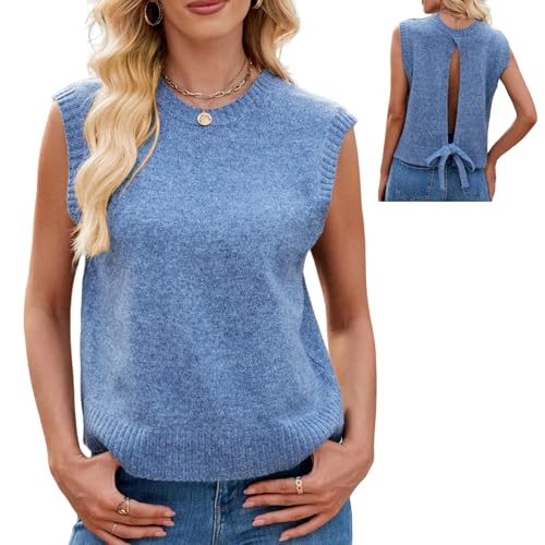 AUKLETBLIEF Damen Casual ärmellose Strickweste mit Split Back Sweater Tops Pullover Westen (DE/NL/SE/PL, Alphanumerisch, M, Regular, Regular, Blau) von AUKLETBLIEF