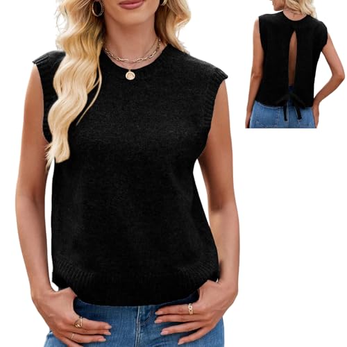AUKLETBLIEF Damen Casual ärmellose Strickweste mit Split Back Sweater Tops Pullover Westen (DE/NL/SE/PL, Alphanumerisch, M, Regular, Regular, Schwarz) von AUKLETBLIEF