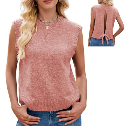 AUKLETBLIEF Damen Casual ärmellose Strickweste mit Split Back Sweater Tops Pullover Westen (DE/NL/SE/PL, Alphanumerisch, XL, Regular, Regular, Pink) von AUKLETBLIEF