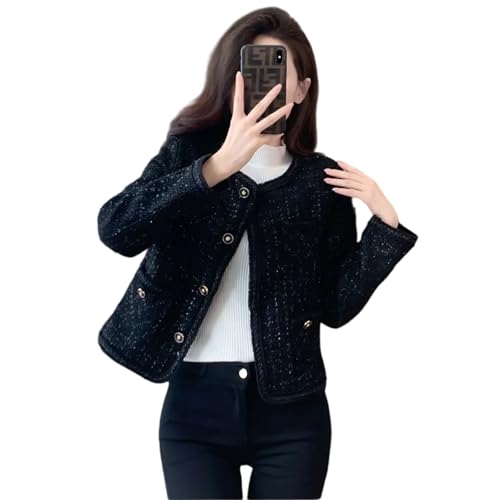 AUKLETBLIEF Damen Frühling Herbst Kurze Blazer Grobe Tweed Kleine Anzug Business Casual Jacken Tops (DE/NL/SE/PL, Alphanumerisch, S, Regular, Regular, Schwarz) von AUKLETBLIEF