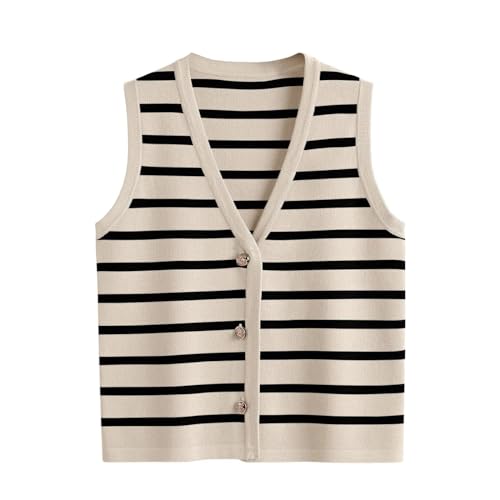 AUKLETBLIEF Damen Sommer ärmellose V Ausschnitt Weste Knopf gestreifte Strickpullover Weste Out Top (DE/NL/SE/PL, Alphanumerisch, L, Regular, Regular, Mandel) von AUKLETBLIEF