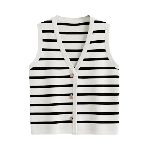 AUKLETBLIEF Damen Sommer ärmellose V Ausschnitt Weste Knopf gestreifte Strickpullover Weste Out Top (DE/NL/SE/PL, Alphanumerisch, M, Regular, Regular, Weiß) von AUKLETBLIEF