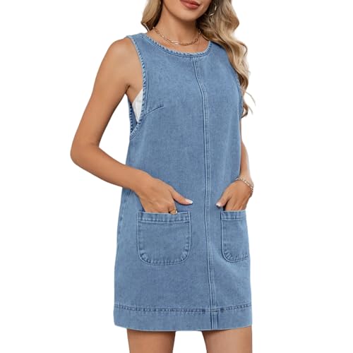 AUKLETBLIEF Damen Washed Denim Westenkleid – Rückenlos ärmellos Casual Jean Jumpsuit mit Taschen, A-Linie Midi Länge, Vintage Sommerkleid von AUKLETBLIEF