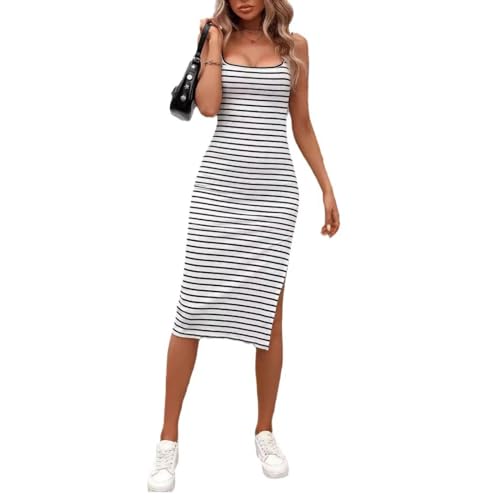 AUKLETBLIEF Sommer Ärmelloses Gestreiftes Eng anliegendes Kleid Quadratischer Hals Seite geteilt Weste Gerippter Pullover Kleider (DE/NL/SE/PL, Alphanumerisch, XL, Regular, Regular, Weiß) von AUKLETBLIEF